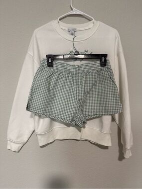 Better together White Crewneck Sweater with Mint Gingham shirt size S NWOT